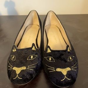 Charlotte Olympia Black Velvet Kitty Flats with Gold Embroidery